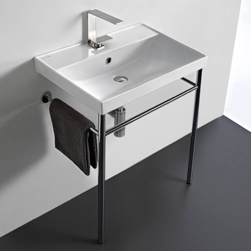 ML Rectangular Ceramic Console Sink and Polished Chrome Stand HX534488073