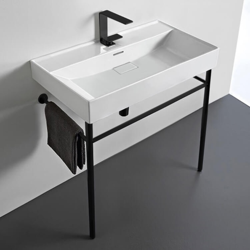 Sharp Rectangular White Ceramic Console Sink and Matte Black Stand HX534488063