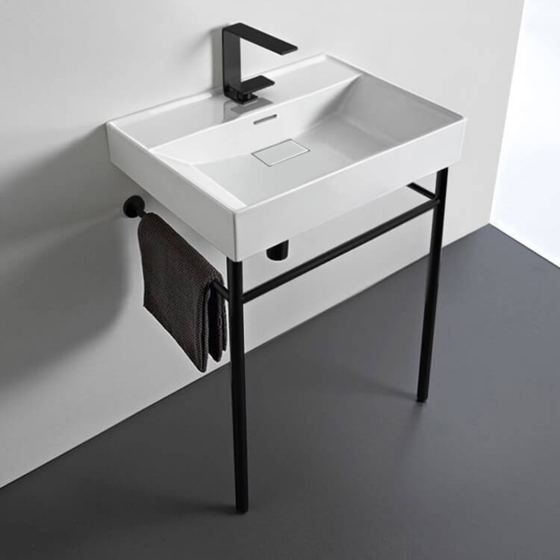 Sharp Rectangular White Ceramic Console Sink and Matte Black Stand HX534488090