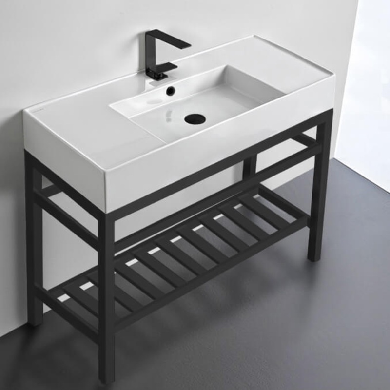 Teorema 2 Modern Ceramic Console Sink With Counter Space and Matte Black Base HX534488064