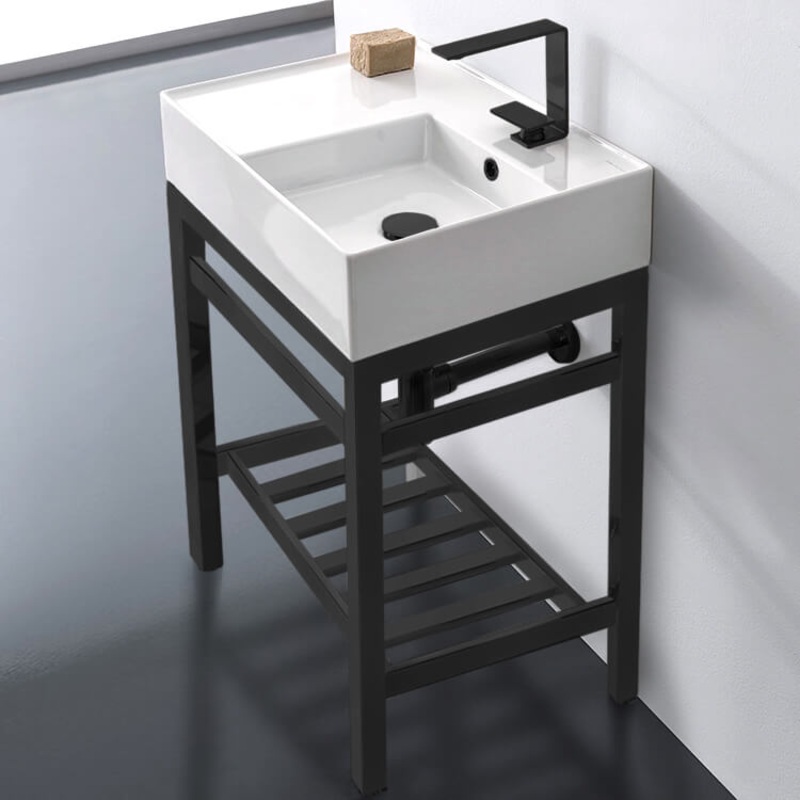 Teorema 2 Modern Ceramic Console Sink With Counter Space and Matte Black Base HX534488066