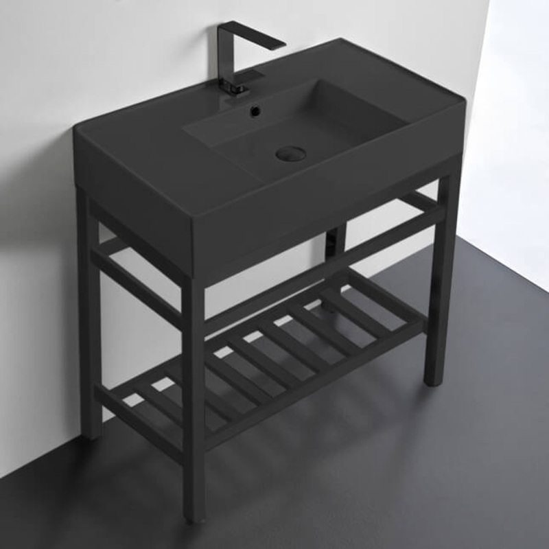Teorema 2 Modern Matte Black Ceramic Console Sink and Matte Black Base HX534488077