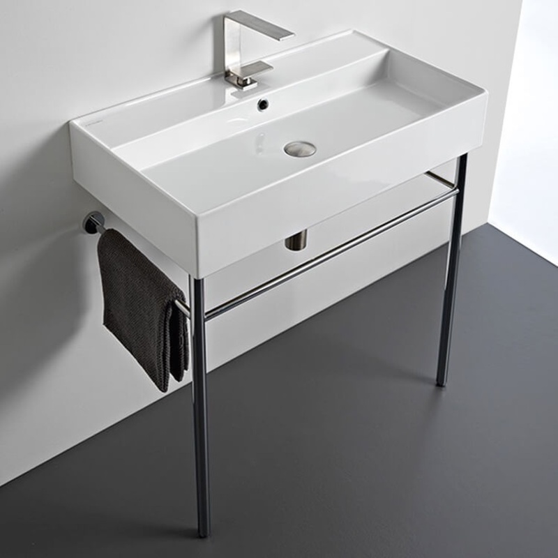 Teorema Rectangular Ceramic Console Sink and Polished Chrome Stand HX534488076