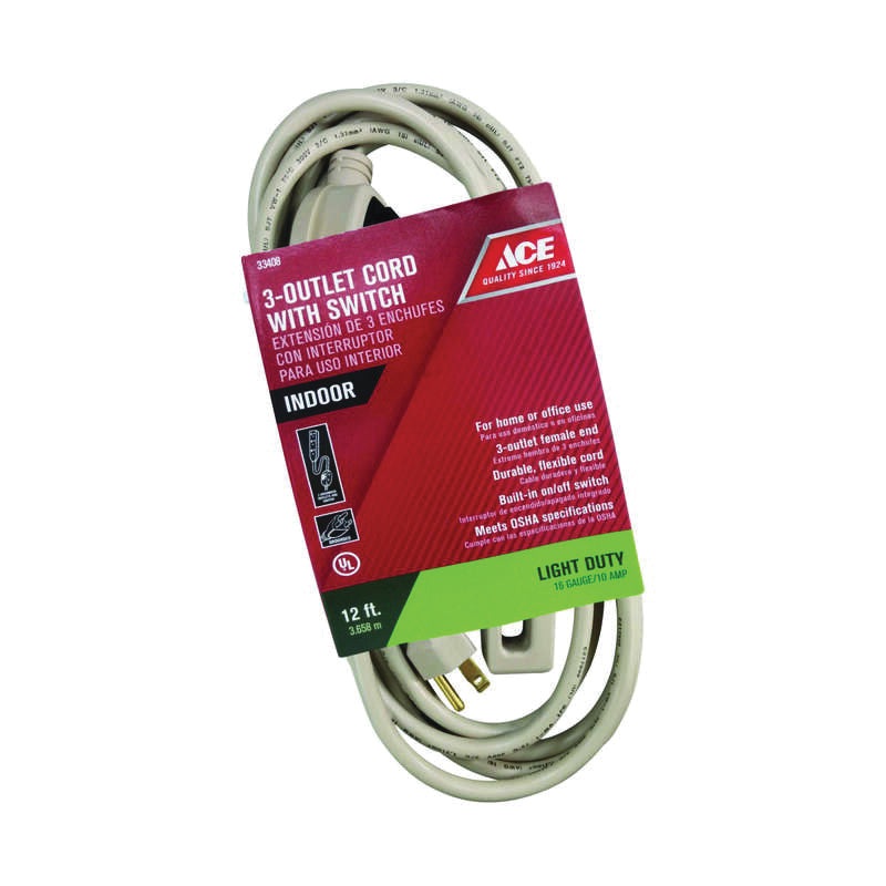 ACE 1IP-003-012FBE Cord, 125 V, SJT Conductor, 16/3 AWG Conductor, 12 ft L