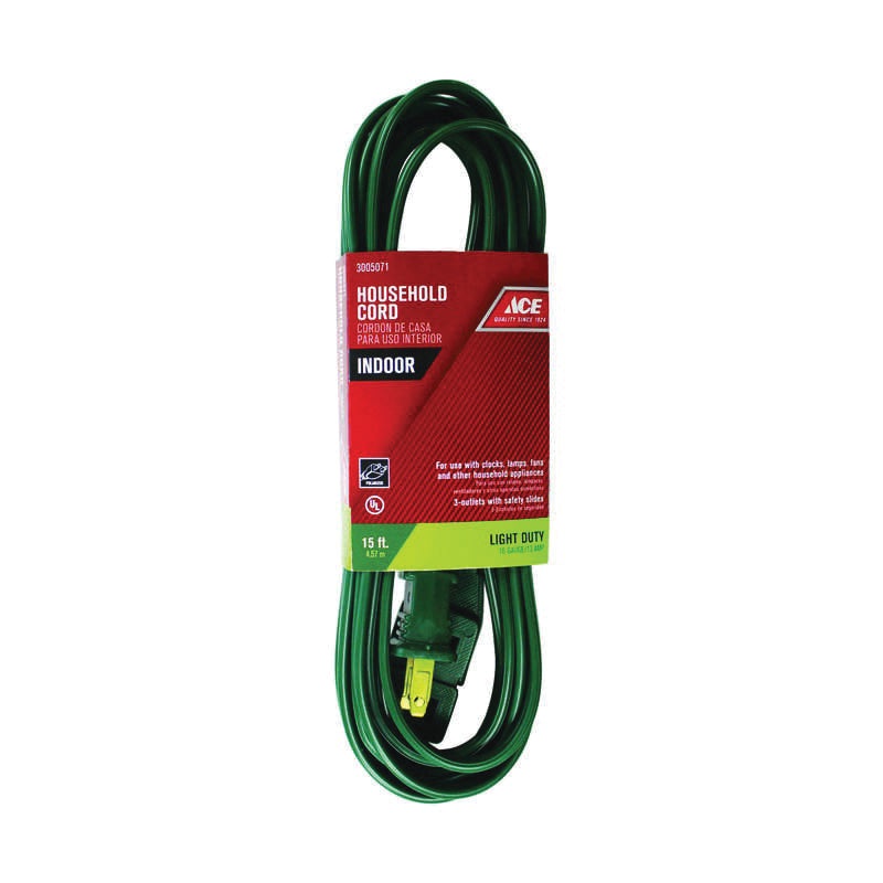 ACE IN162PT215GR Extension Cord, 125 V, SPT-2 Conductor, 16/2 AWG Conductor, 15 ft L