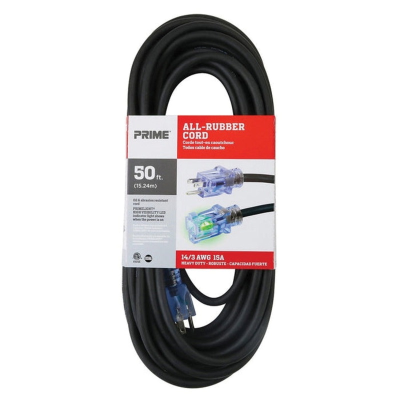 PRIME SEEC732730 Outdoor Extension Cord, 125 V, 3 -Conductor, SJOOW Conductor, 14 AWG Conductor, 50 ft L