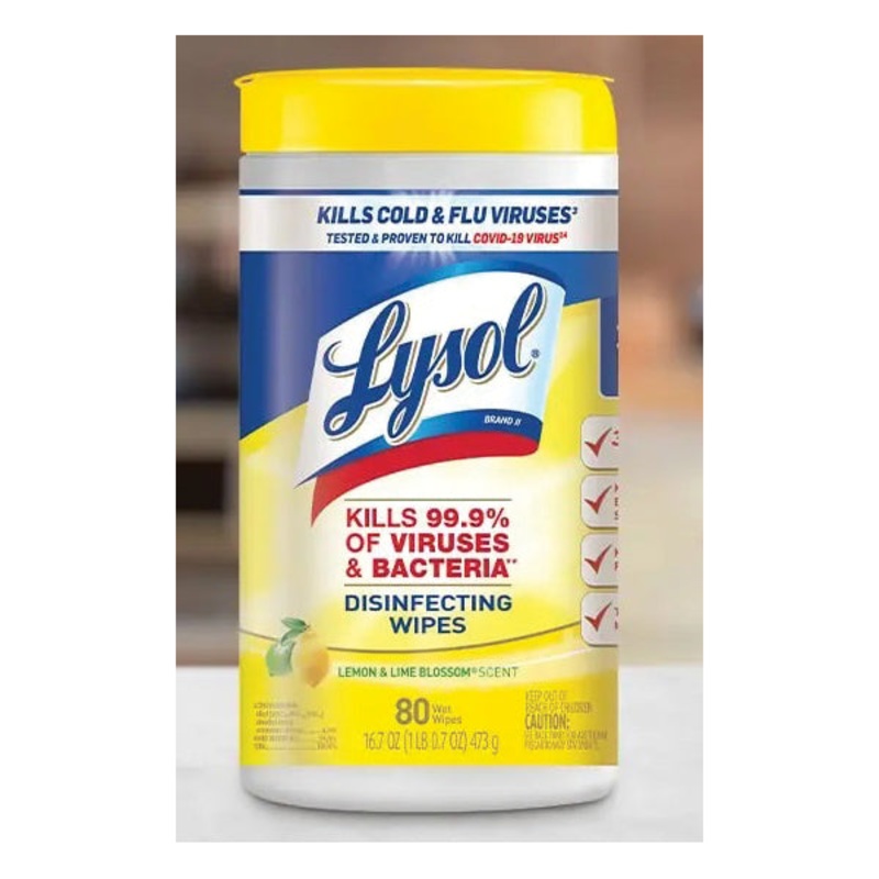 Lysol 0-19200-77182 Disinfecting Wipes, Lemon, Lime Blossom, 80 Count, Canister