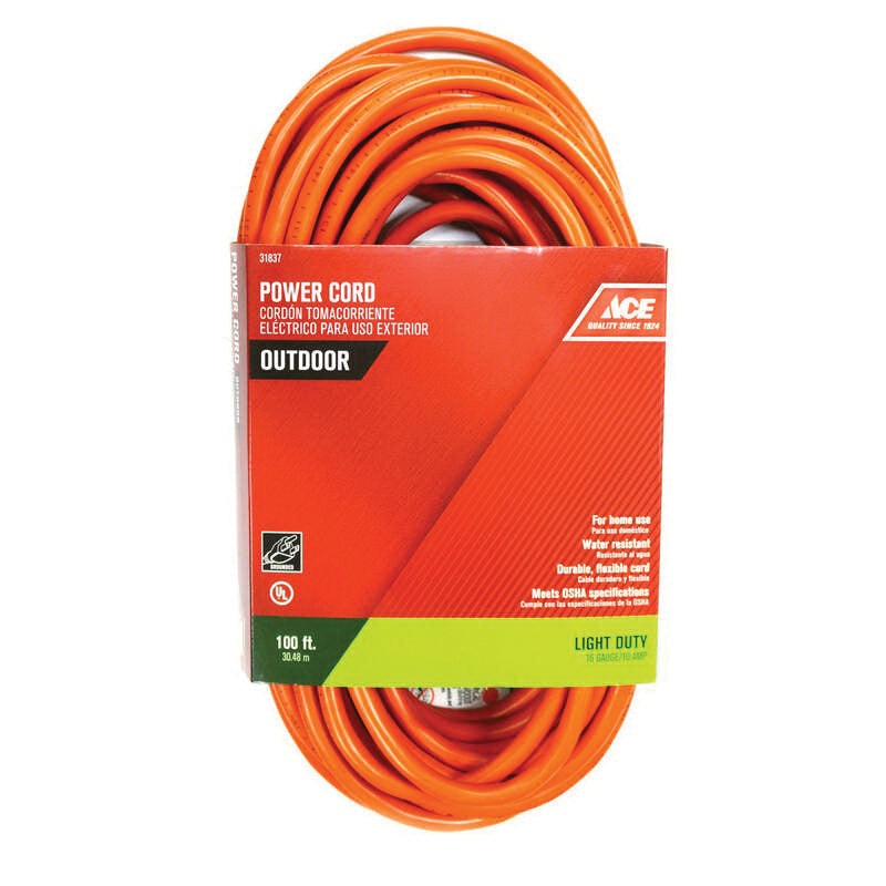 ACE OU163JTW100OG Extension Cord, 125 V, SJTW Conductor, 16/3 AWG Conductor, 100 ft L