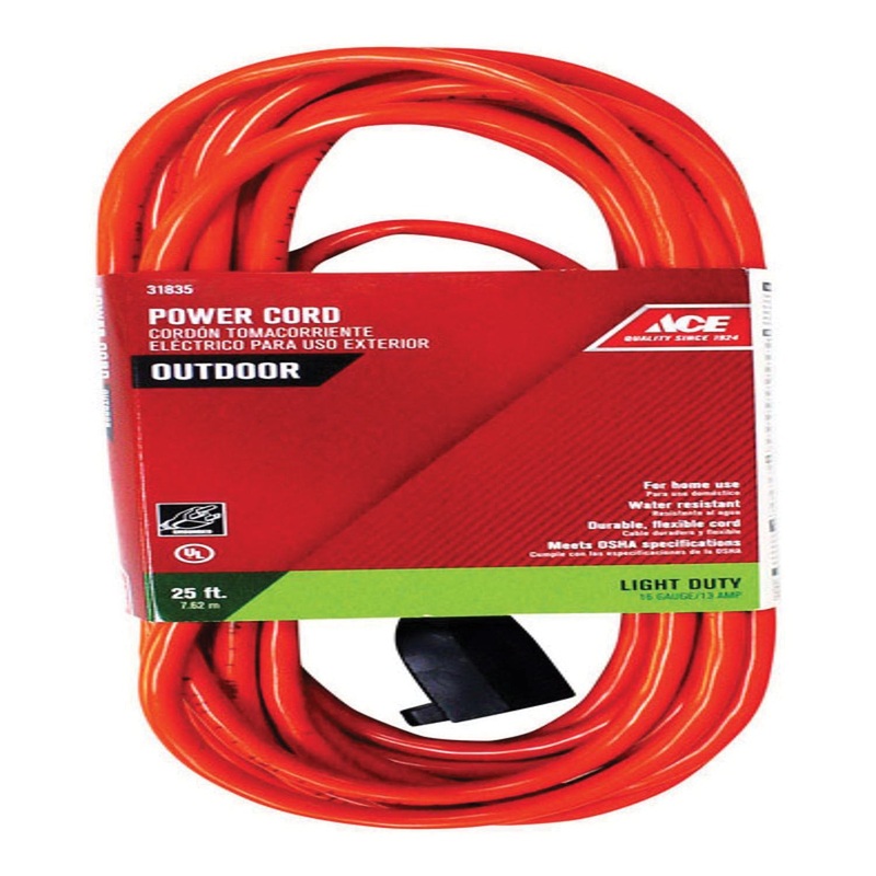 ACE OU163JTW025OG Extension Cord, 125 V, SJTW Conductor, 16/3 AWG Conductor, 25 ft L