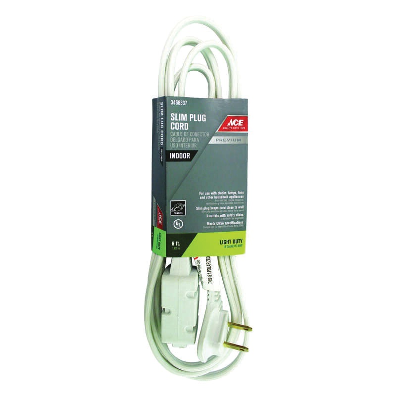 ACE INP162PT206WH Extension Cord, 125 V, SPT-2 Conductor, 16/2 AWG Conductor, 6 ft L
