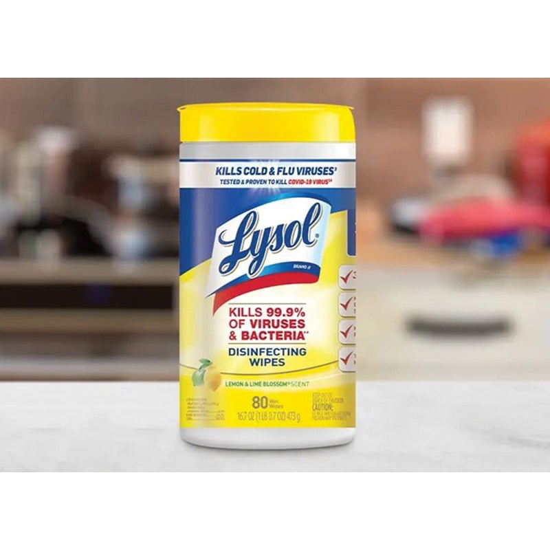 Lysol 0-19200-89346 Disinfecting Wipes, Lemon, Lime Blossom, 80 Count, Canister