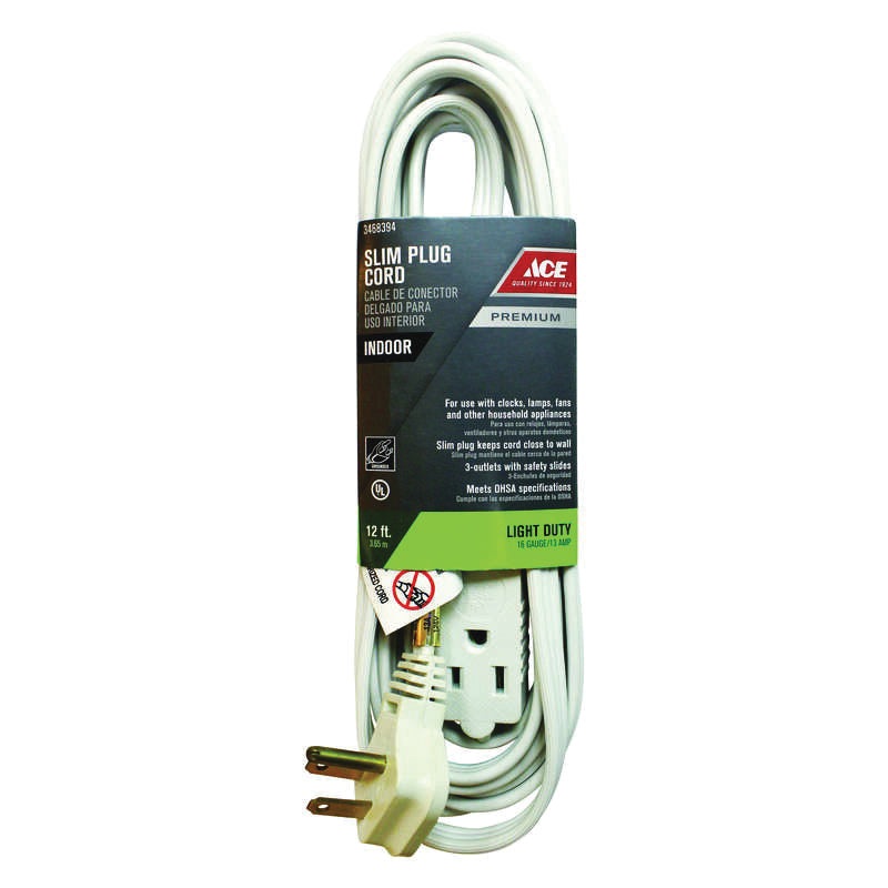 ACE INP163SPT312WH Extension Cord, 125 V, SPT-3 Conductor, 16/3 AWG Conductor, 12 ft L