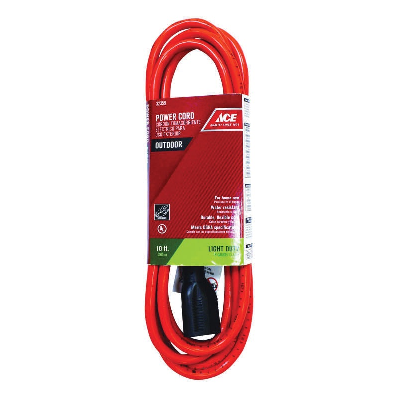 ACE OU163JTW010OG Extension Cord, 125 V, SJTW Conductor, 16/3 AWG Conductor, 10 ft L