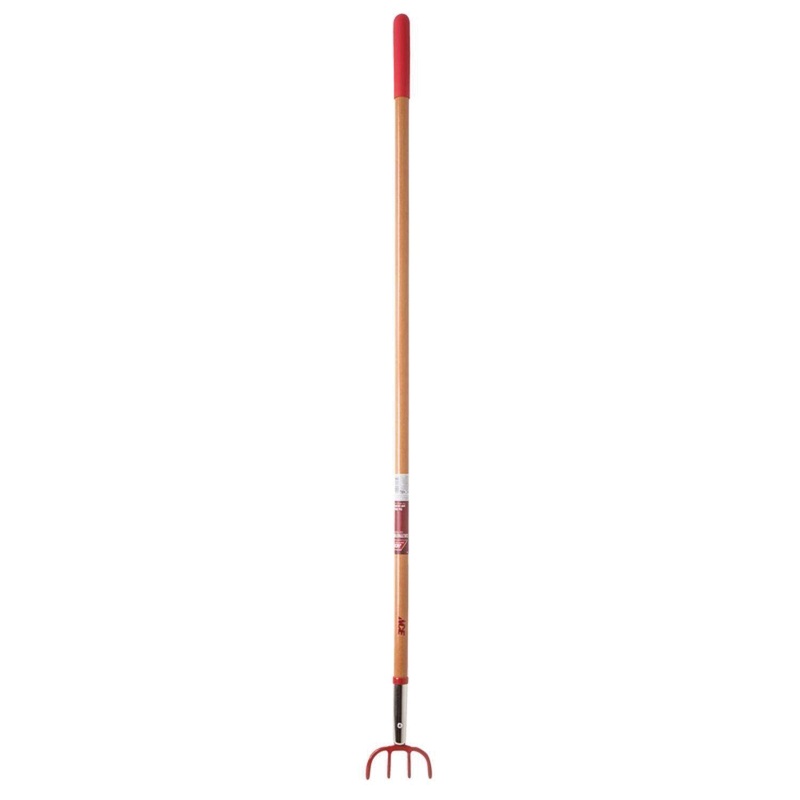 ACE 70105 Cultivator, Sharp Pointed Tine, 4 -Tine, 5 in W Tine, Steel Tine, Wood Handle, Brown Handle