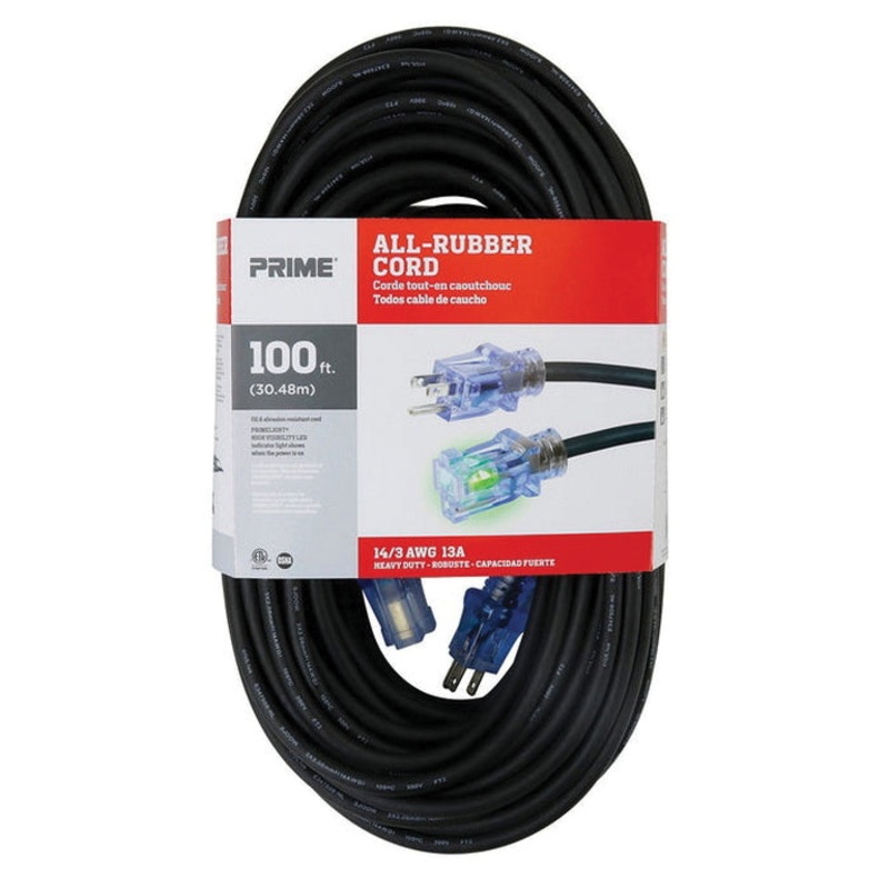PRIME SEEC732735 Outdoor Extension Cord, 125 V, 3 -Conductor, SJOOW Conductor, 14 AWG Conductor, 100 ft L