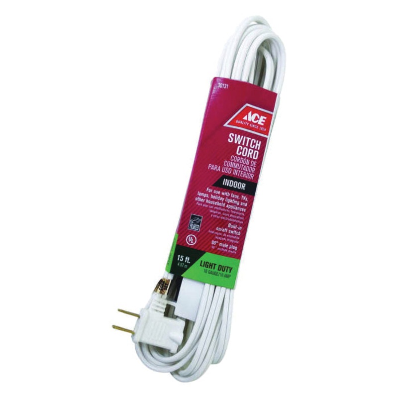 ACE 1PC-002-015FWH Extension Cord With Switch, 125 V, SPT-2 Conductor, 16/2 AWG Conductor, 15 ft L