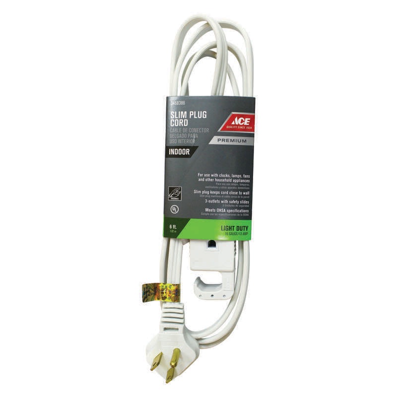ACE INPH163SPT306WH Extension Cord, 125 V, 3 -Conductor, SPT-3 Conductor, 16 AWG Conductor
