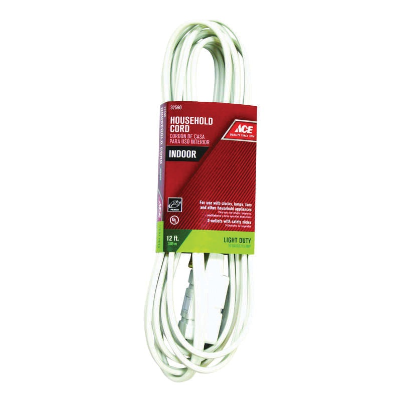 ACE IN162PT212WH Extension Cord, 125 V, SPT-2 Conductor, 16/2 AWG Conductor, 12 ft L