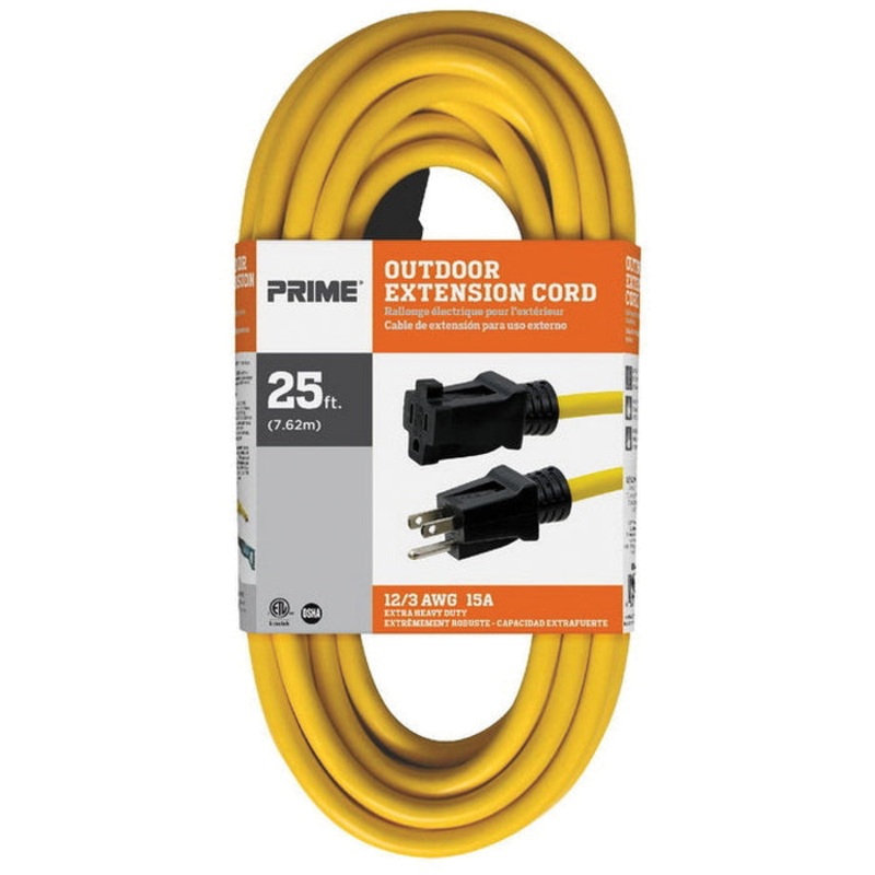 PRIME EC500825 Outdoor Extension Cord, 125 V, 3 -Conductor, SJTW Conductor, 12 AWG Conductor, 25 ft L