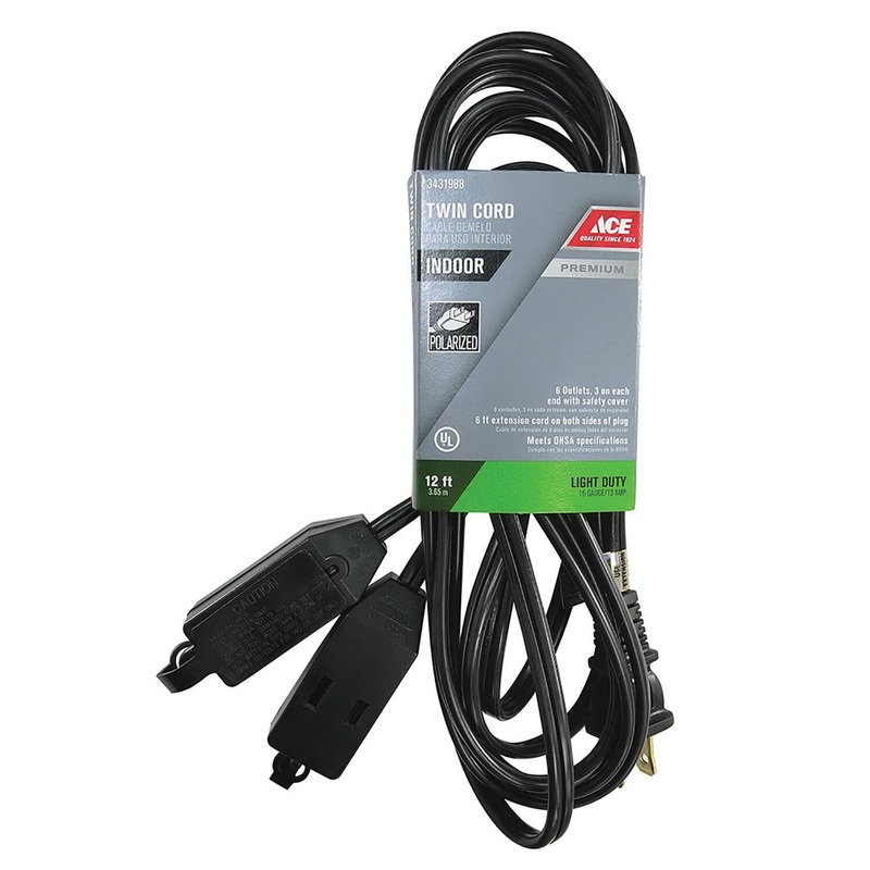 ACE INPD162PT212BK Extension Cord, 125 V, SPT-2 Conductor, 16/2 AWG Conductor, 12 ft L