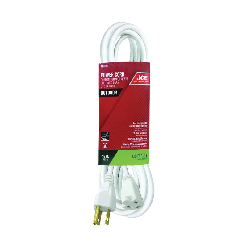ACE OU-SJT163-WH Extension Cord, 125 V, SJTW Conductor, 16/3 AWG Conductor, 15 ft L