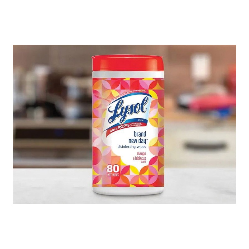 Lysol Brand New Day 0-19200-97181 Disinfecting Wipes, Mango, Hibiscus, 80 Count, Canister