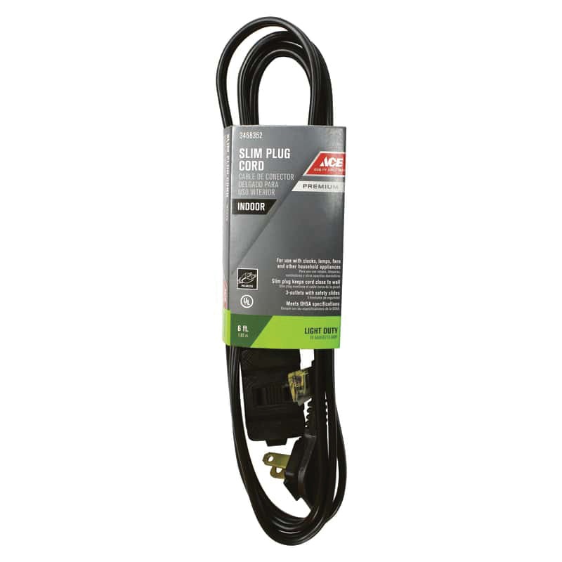 ACE INP162PT206BK Extension Cord, 125 V, 2-Conductor, SPT-2 Conductor, 16 AWG Conductor, 6 ft L